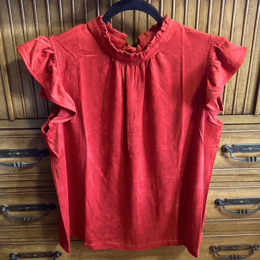 VOY Elegant Red Ruffle Sleeve Tie back top